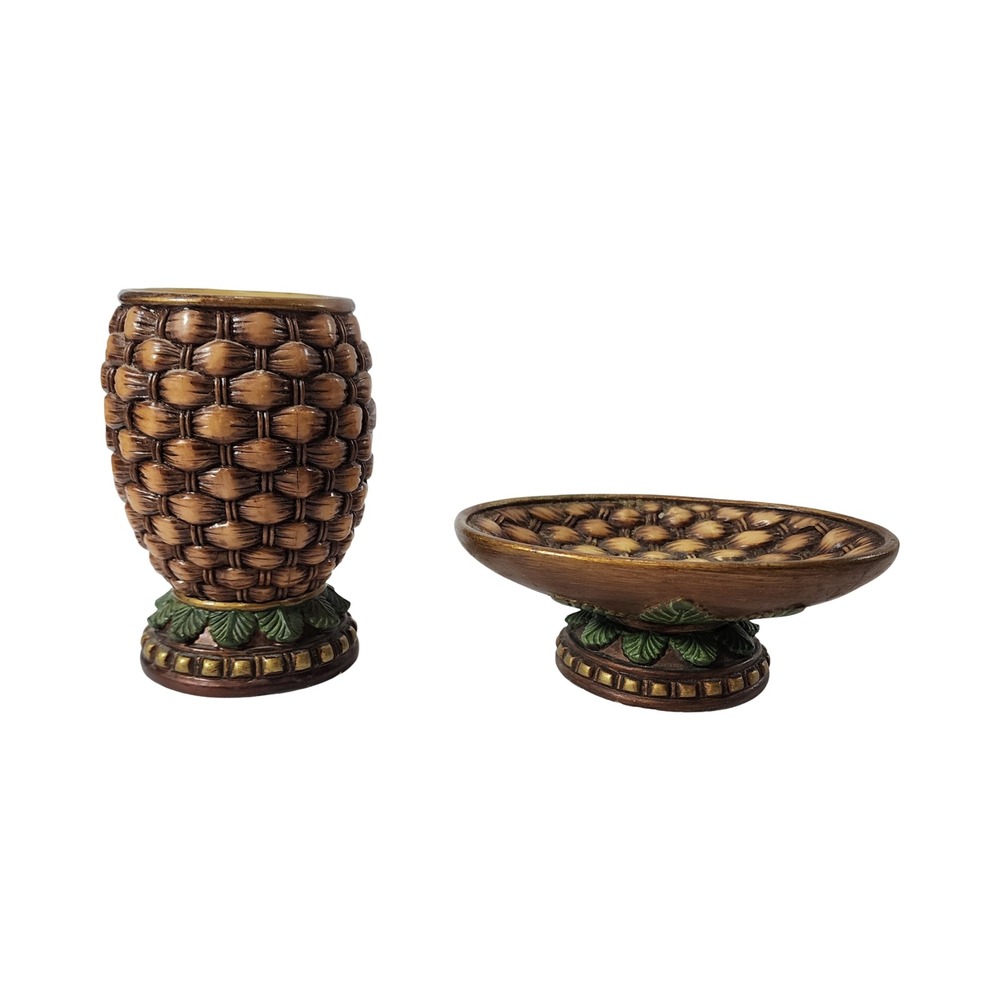 Springs Global Tropical Basketweave Resin Bathroom Set Soap Dish Tumbler Brown